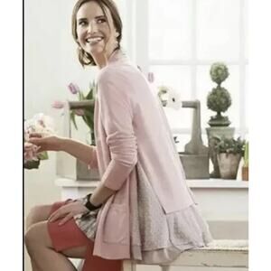 LOGO Lori Goldstein sz XL Pink/Beige Layered Open Cardigan Top Lace Trim A275718